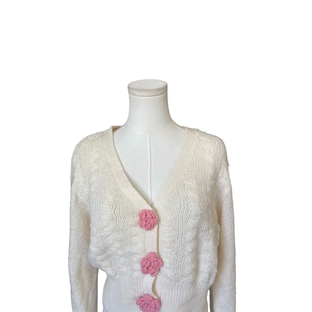Love Tree Y2K Cable Knit Cropped Crochet Cardigan‎ Sweater Size L Coquette Rose
